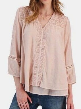 Style & Co. Blush Pink Boho Lace V Neck Peasant Blouse -1X